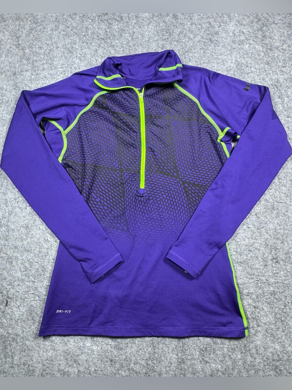 Nike Pro Dri-FIT Women's Purple & Neon Green Geometric 1/4 Zip Long Sleeve M